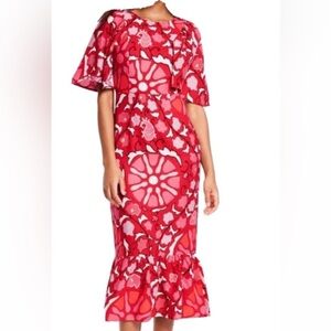 RHODE Red and Pink Floral Ruffle-Hem Dress